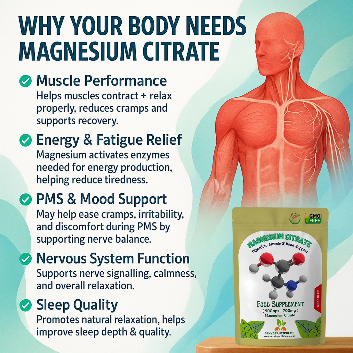 Magnesium Citrate Capsules 700mg–High Strength–PMS, Muscle & Nerve Support–Vegan