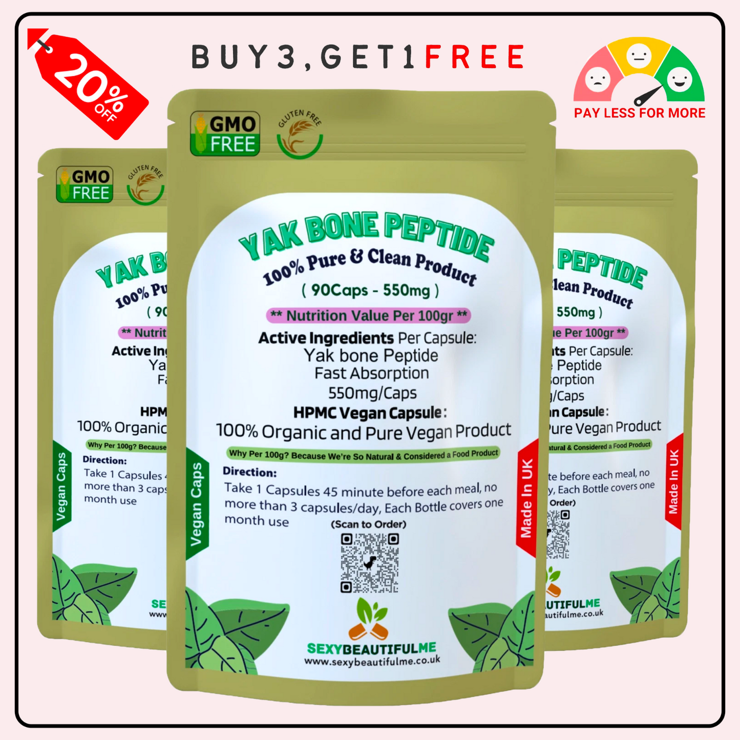 Yak Bone Collagen Capsules 550mg–Bone , Gut & Healthy Hair , Skin Support-Vegan