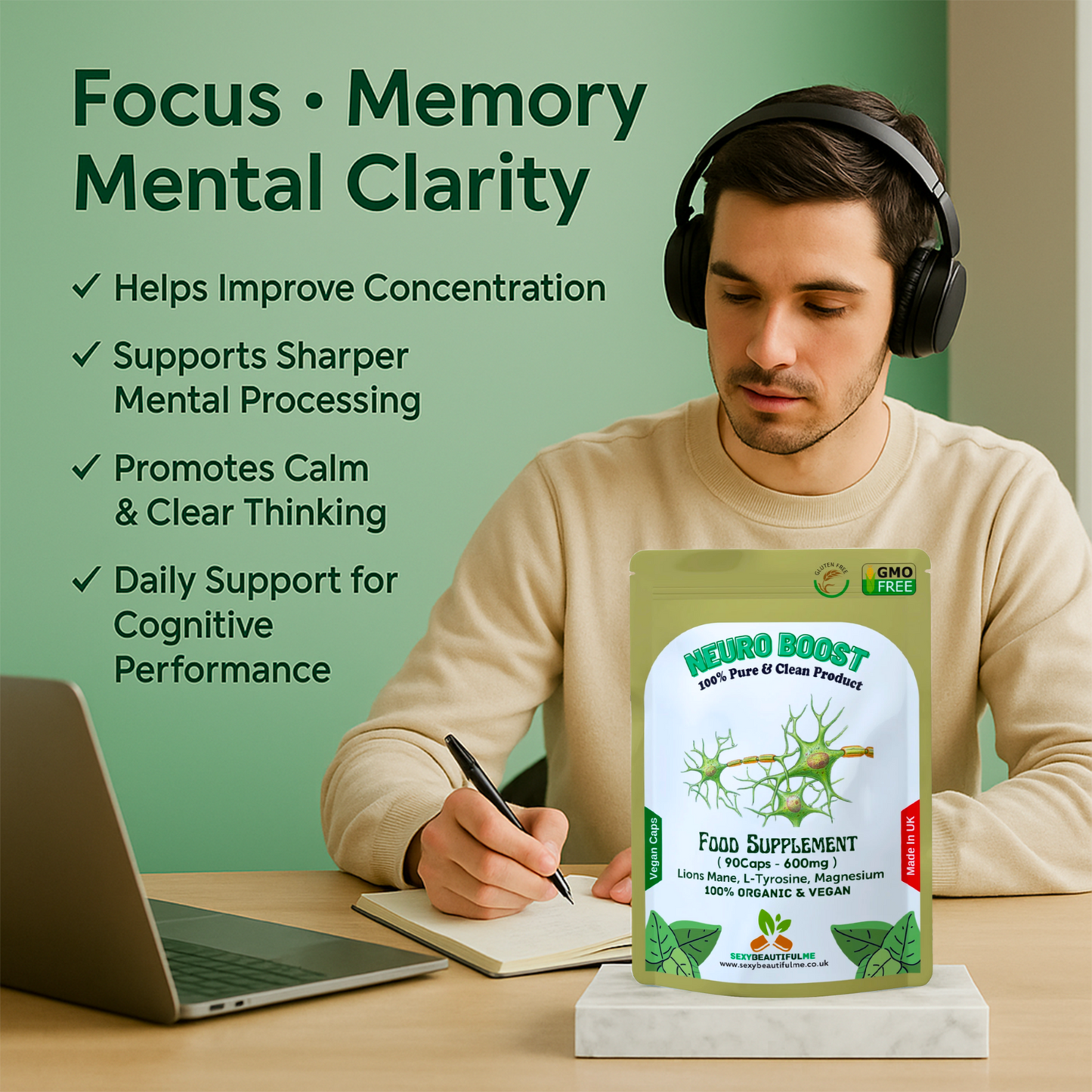 Neuro Boost Capsules 500mg–Lions Mane, L-Tyrosine &Magnesium– Cognitive & Brian