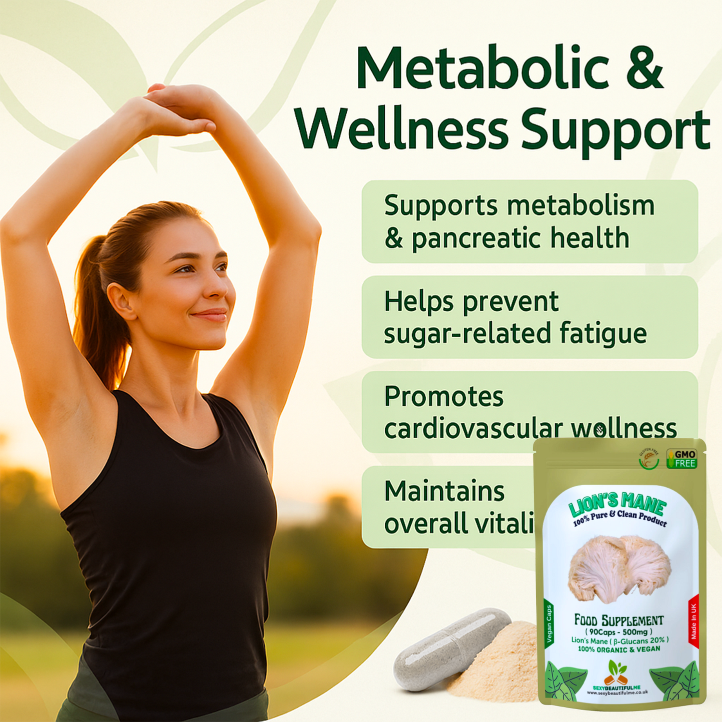 Organic Lion’s Mane Mushroom Capsules 500mg (40% Polysaccharides + 20% β-Glucan)