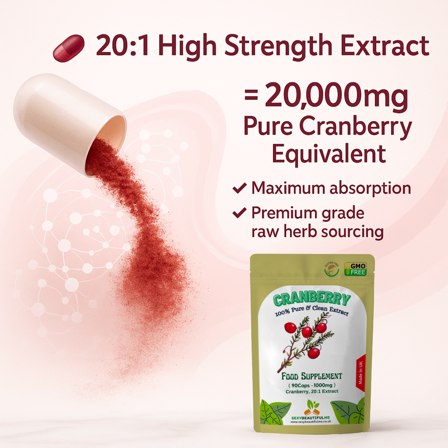 Cranberry Extract Capsules 20,000mg | Natural Vegan Supplement | Urinary Tract