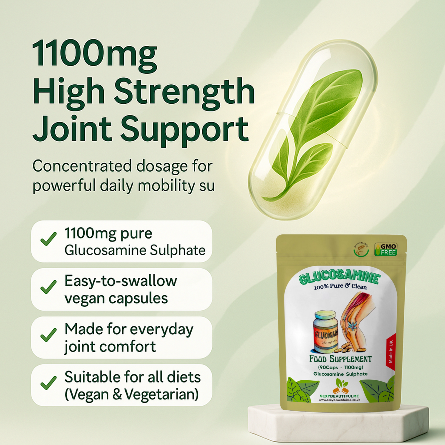 Glucosamine 2KCl 1100mg Capsules–100% Vegan Joint & Arthritis Support Supplement