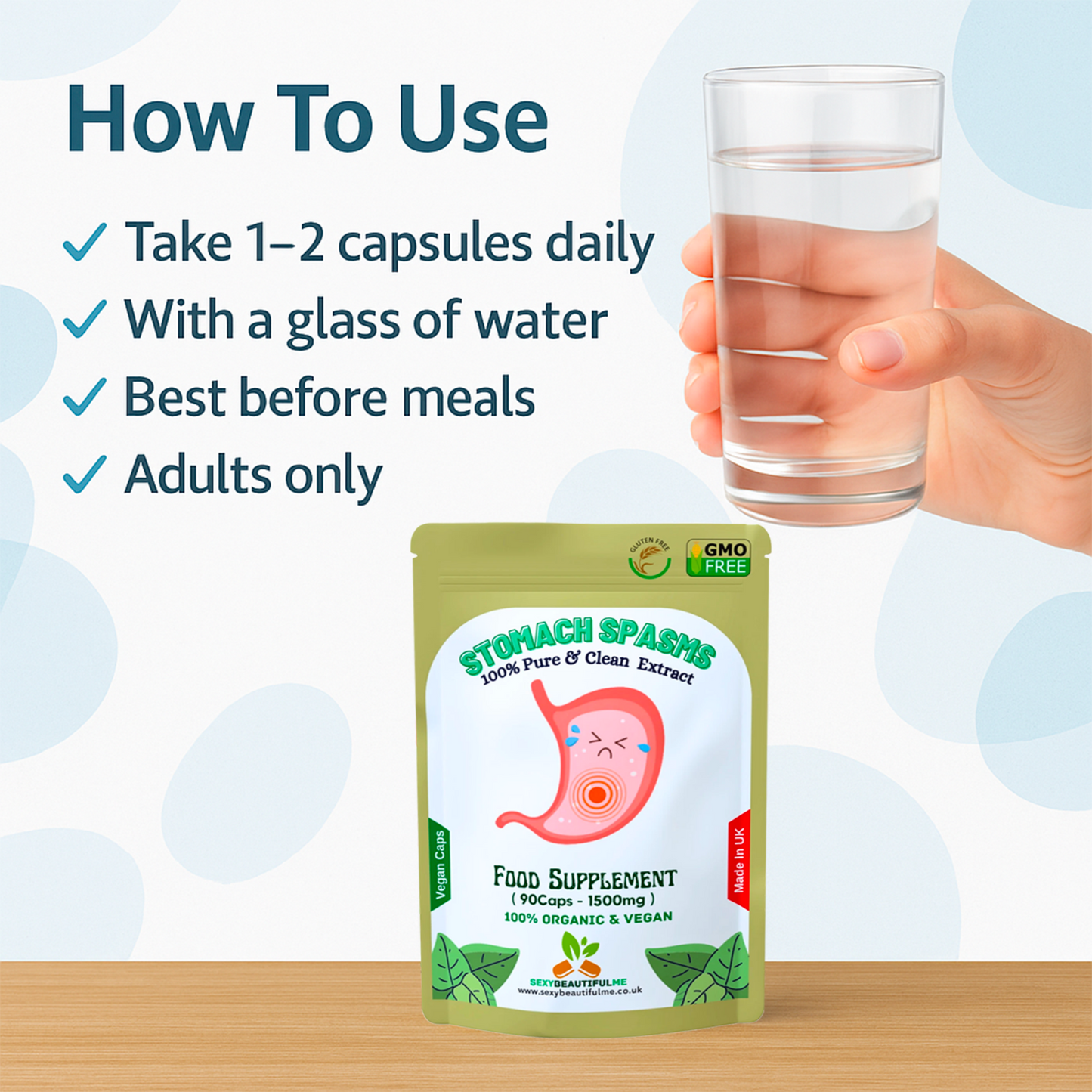 Stomach Spasms Complex Capsules 1500mg–Pain Relief, Gut &Digestive Support–Vegan