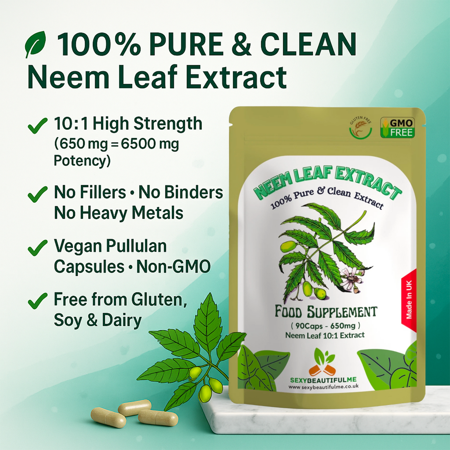 NEEM LEAF 6500mg Capsules, 100% Pure Organic,Vegan Capsule-Detox Immune Support