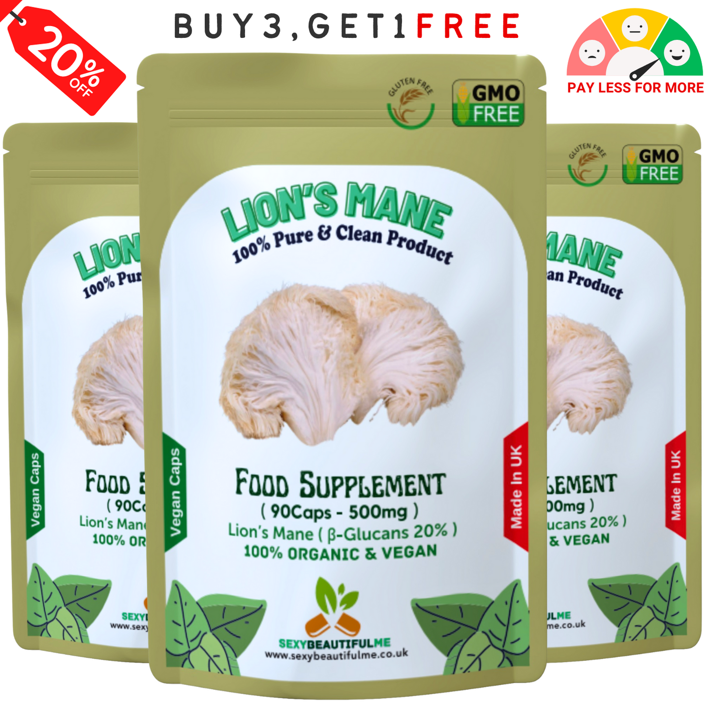 Organic Lion’s Mane Mushroom Capsules 500mg (40% Polysaccharides + 20% β-Glucan)