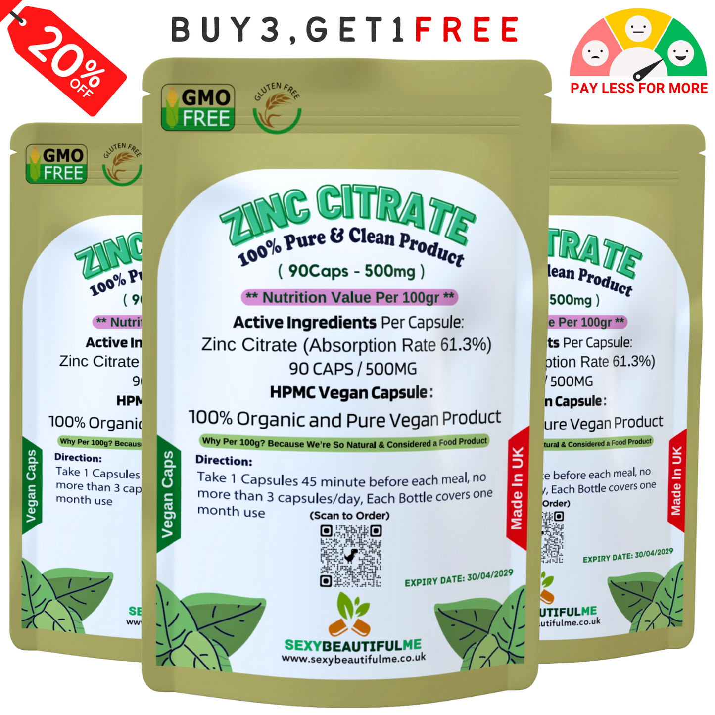 Zinc Citrate 500mg Capsules – High Strength Immune Support – Vegan Supplement