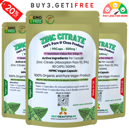 Zinc Citrate 500mg Capsules – High Strength Immune Support – Vegan Supplement
