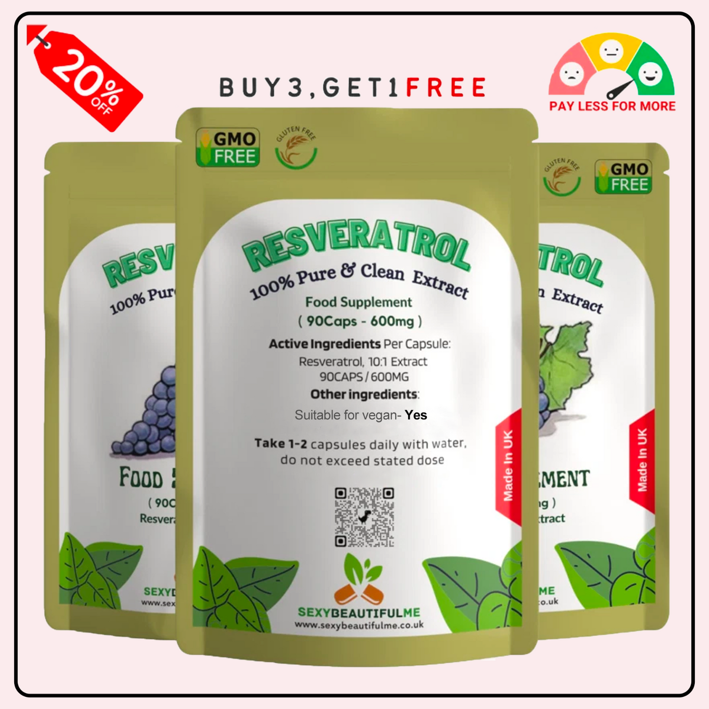 Resveratrol Extract Capsules 600mg-(50%Trans-Resveratrol 300mg)-Skin Health