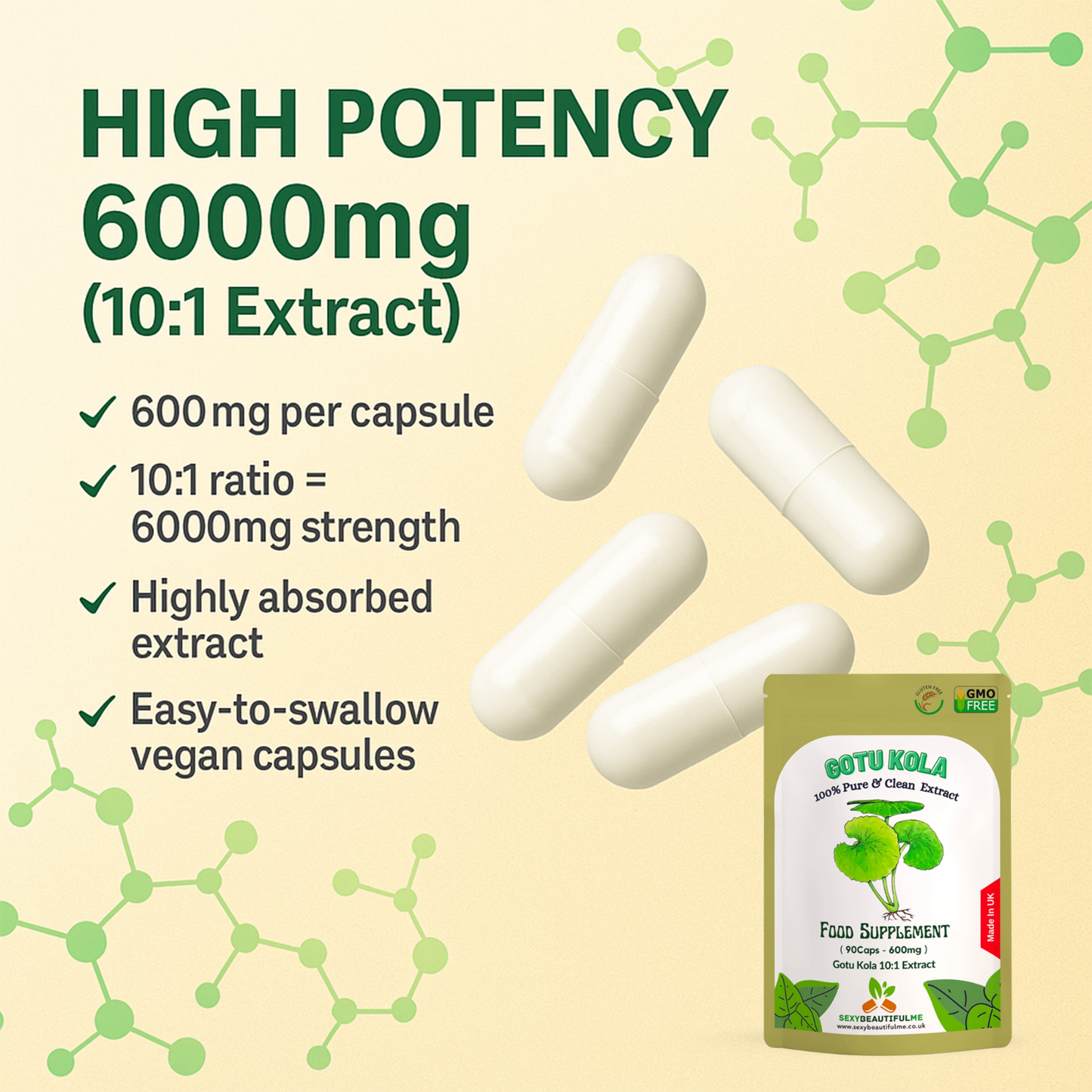 Gotu Kola Extract Capsules 6000 mg–Vegan–Brain Health, Cognition &Memory Support