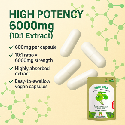 Gotu Kola Extract Capsules 6000 mg–Vegan–Brain Health, Cognition &Memory Support