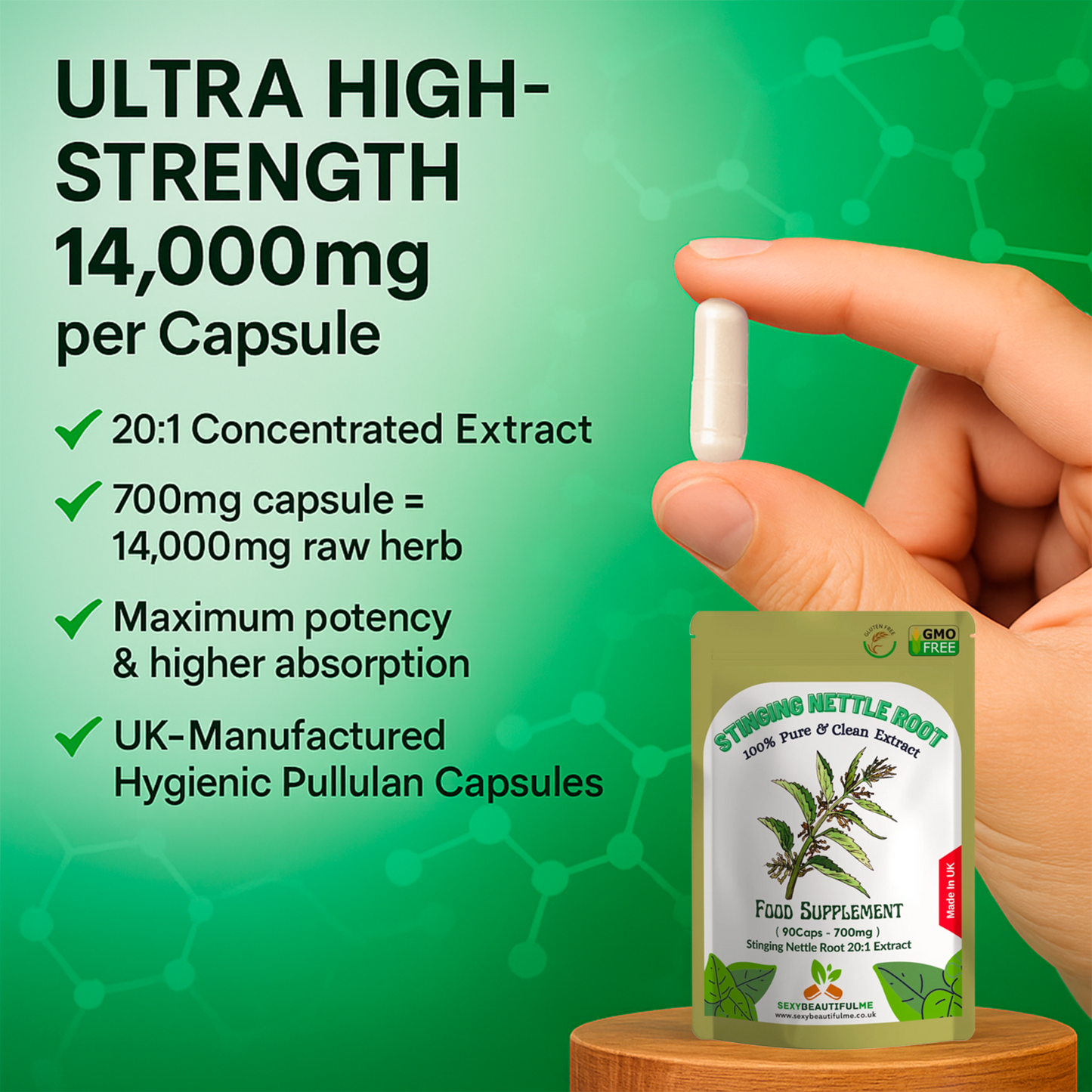 Stinging Nettle Root Extract Capsules 14,000 mg-Genuine•Strong•Vegan•100%Natural