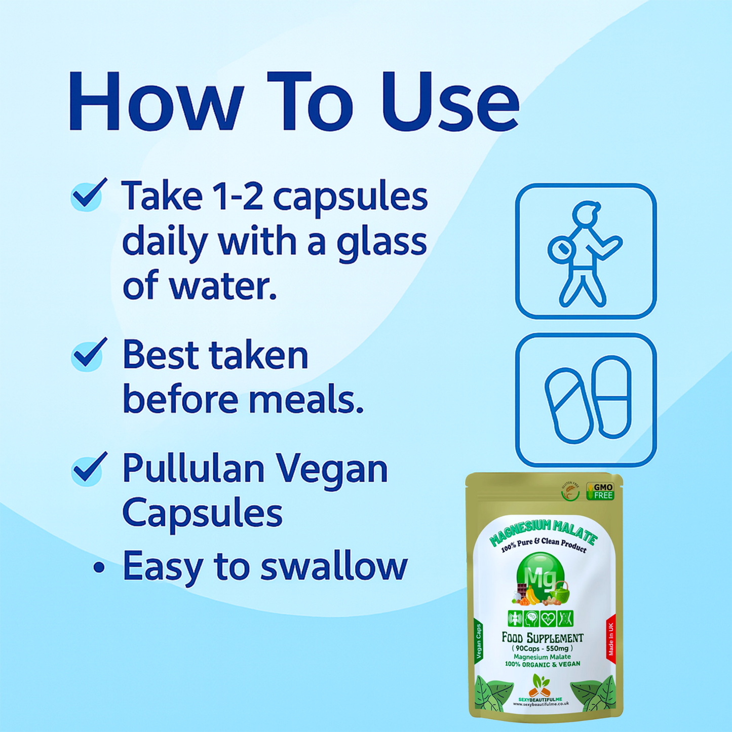 Magnesium Malate Capsules 550mg–High Absorption Vegan Magnesium-Energy & Muscle