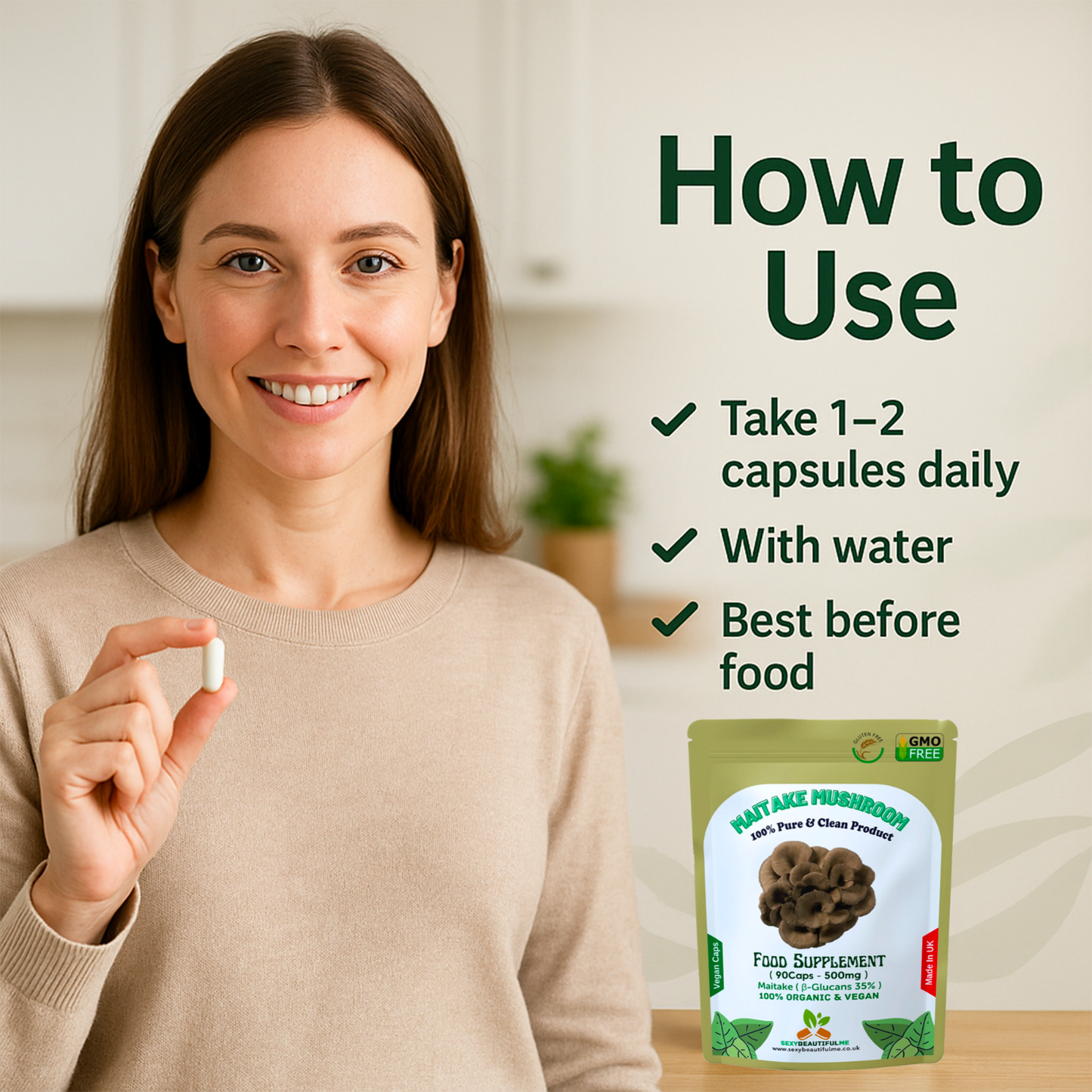 MAITAKE MUSHROOM 500mg Capsules (30% β-Glucan) Vegan & Effective, Strong Product