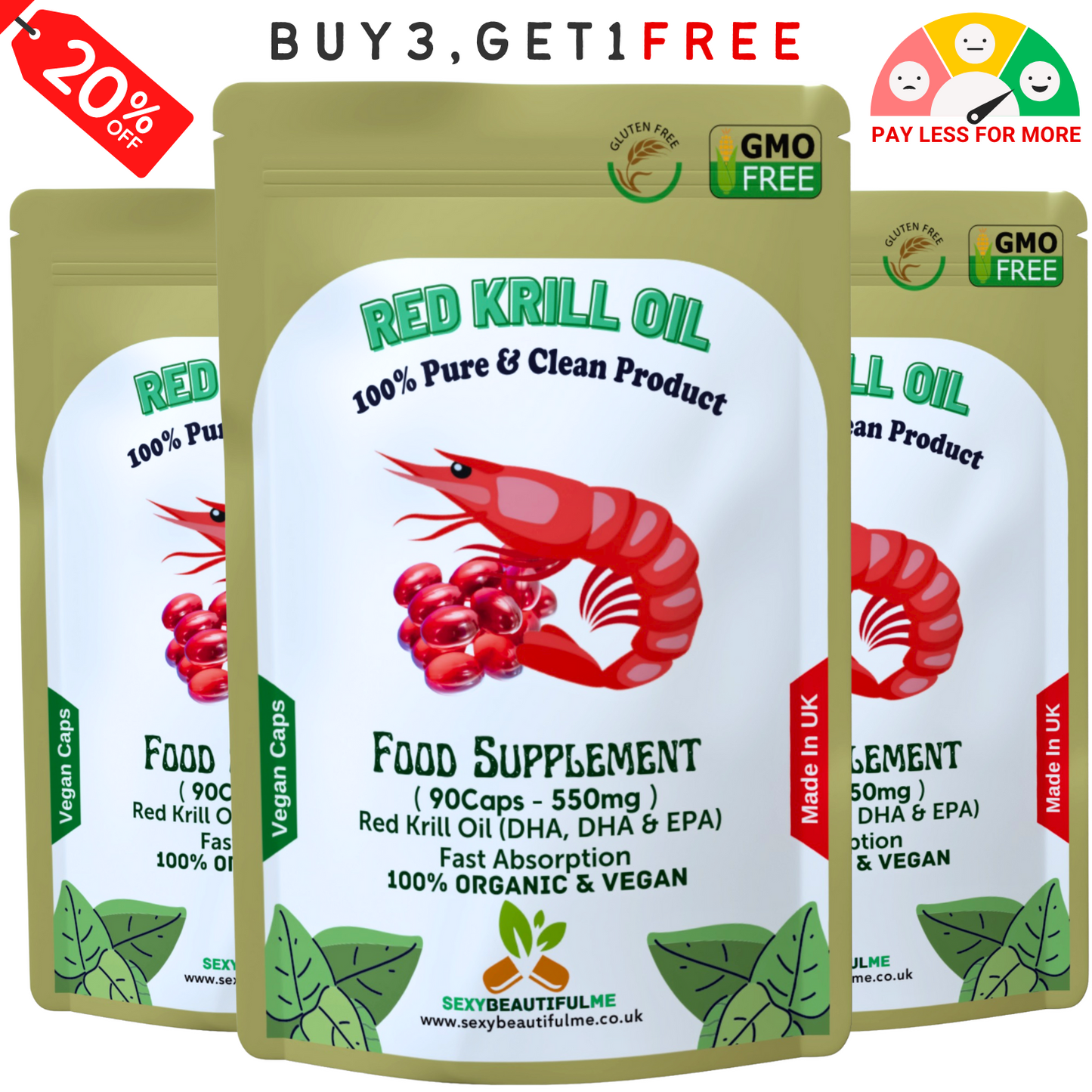 Red Krill Oil Capsule 550mg – Superba Antarctic Krill–DHA, EPA & Omega-3 Support