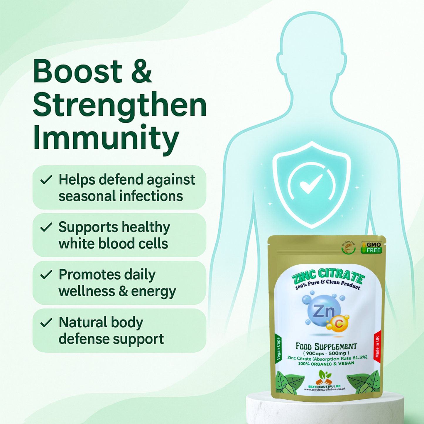 Zinc Citrate 500mg Capsules – High Strength Immune Support – Vegan Supplement