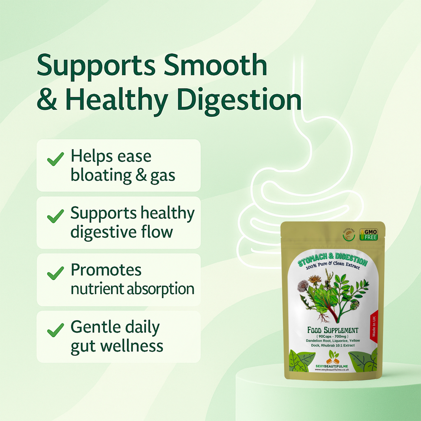 Gut &Digestive Support Capsules 7000mg–Dandelion, Licorice, Yellow Dock, Rhubarb
