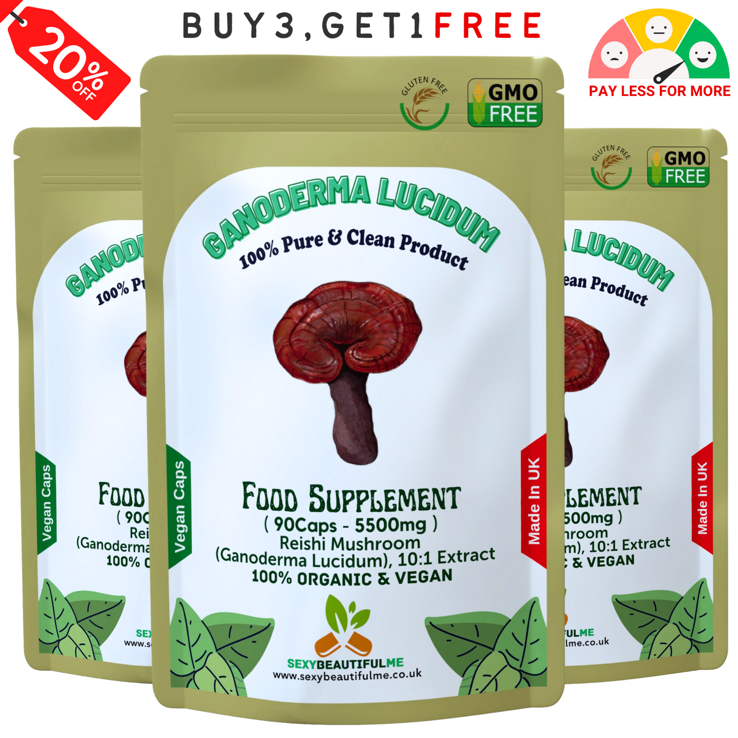 Reishi Mushroom 5500mg Capsules (Ganoderma Lucidum) – Strong & Effective – Vegan