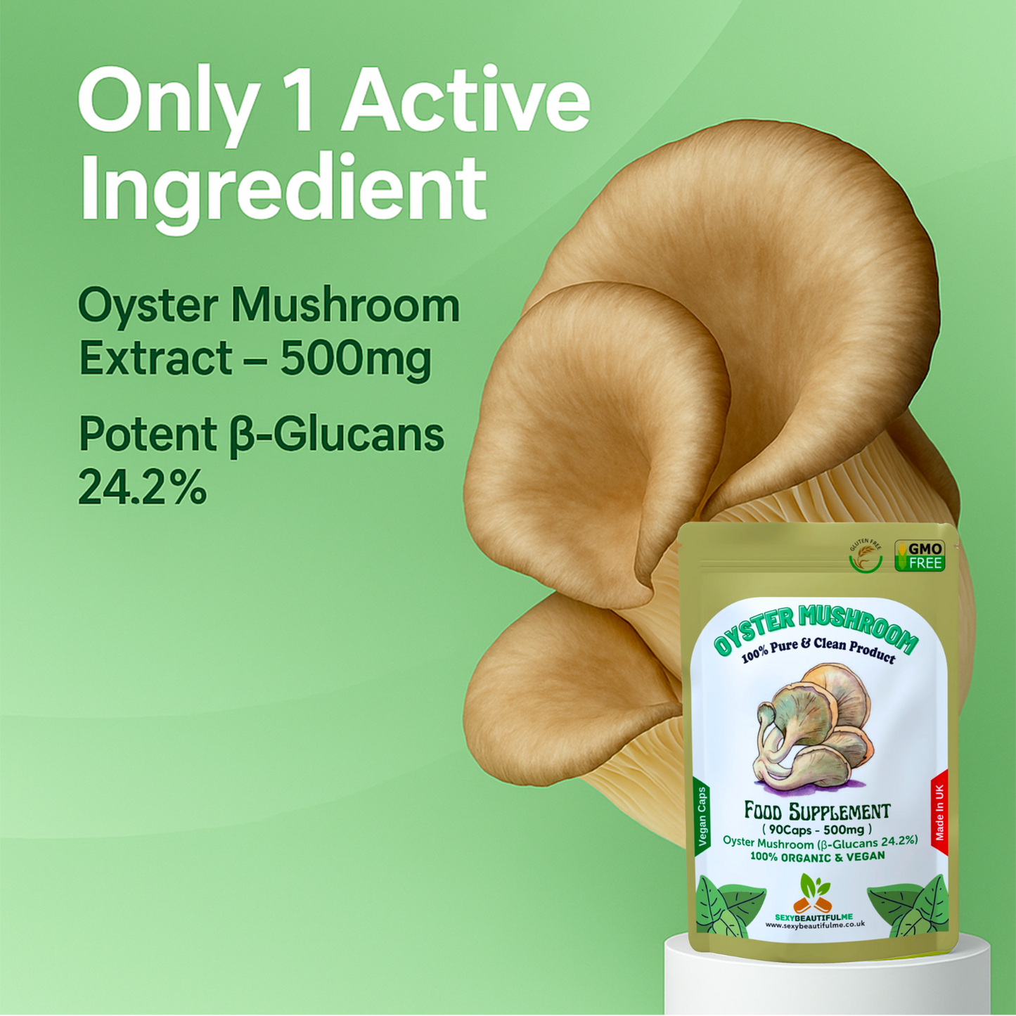 Oyster Mushroom Capsules 500mg–24.2% β-Glucans–Vegan Heart & Cholesterol Support