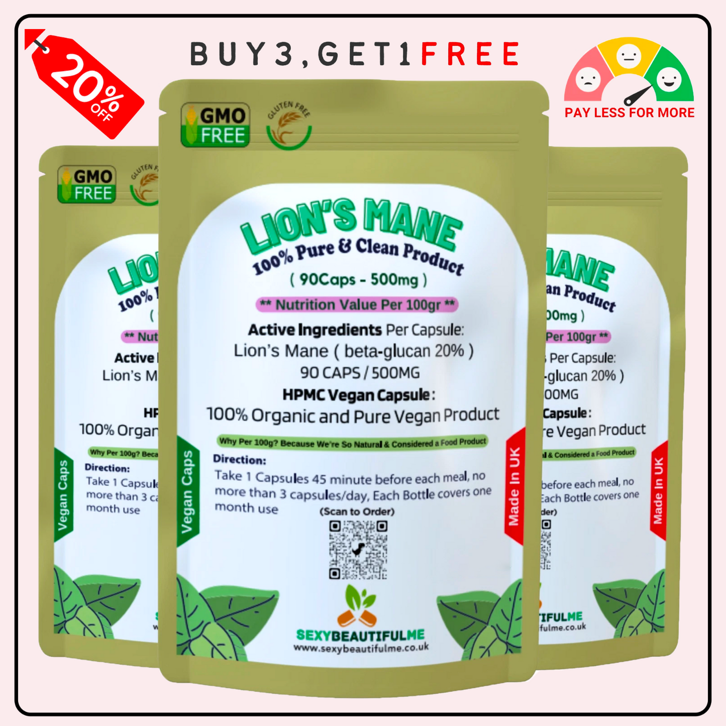Organic Lion’s Mane Mushroom Capsules 500mg (40% Polysaccharides + 20% β-Glucan)