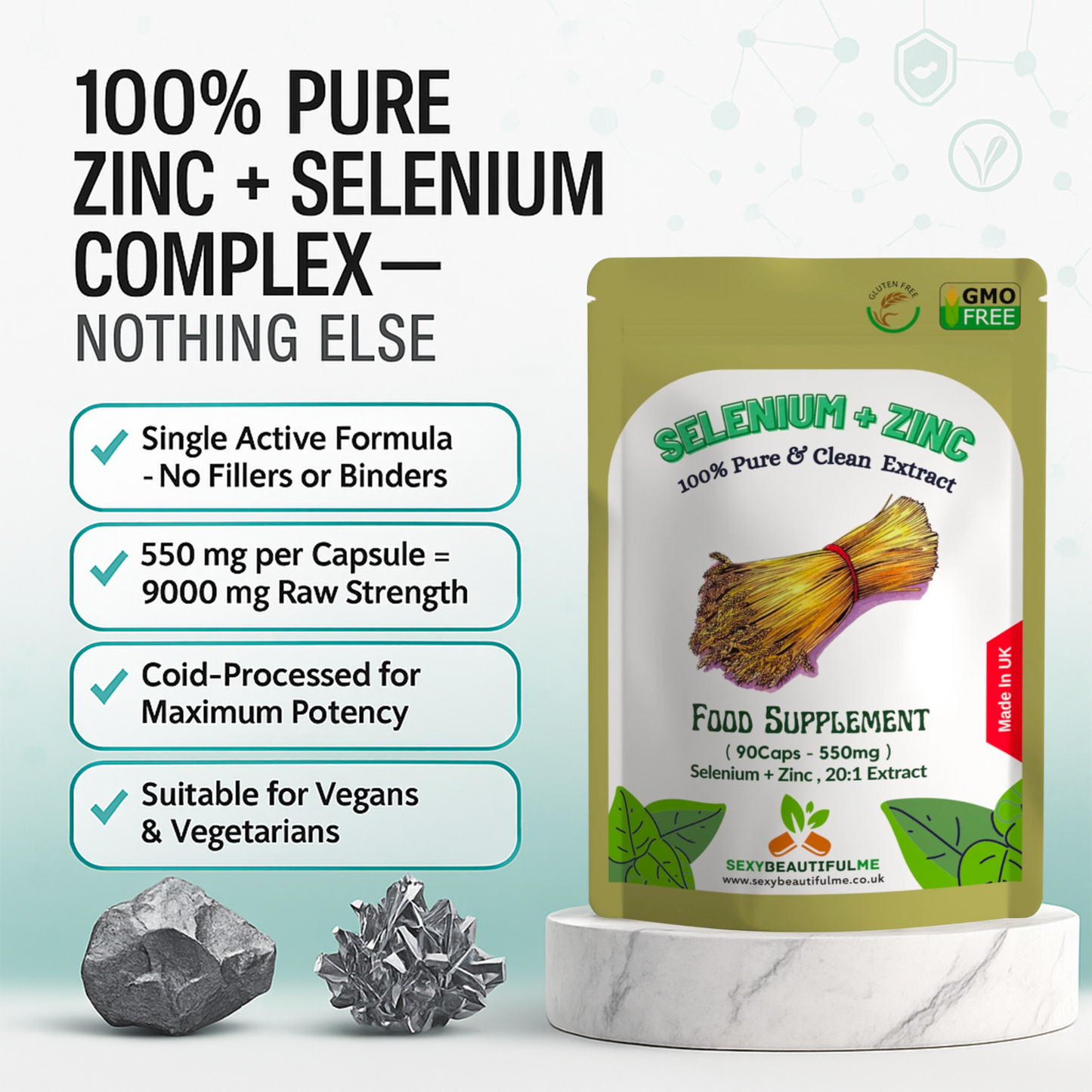 Zinc+ Selenium Complex Capsules, 550mg-Skin&Hair Health-100% Natural & Strong
