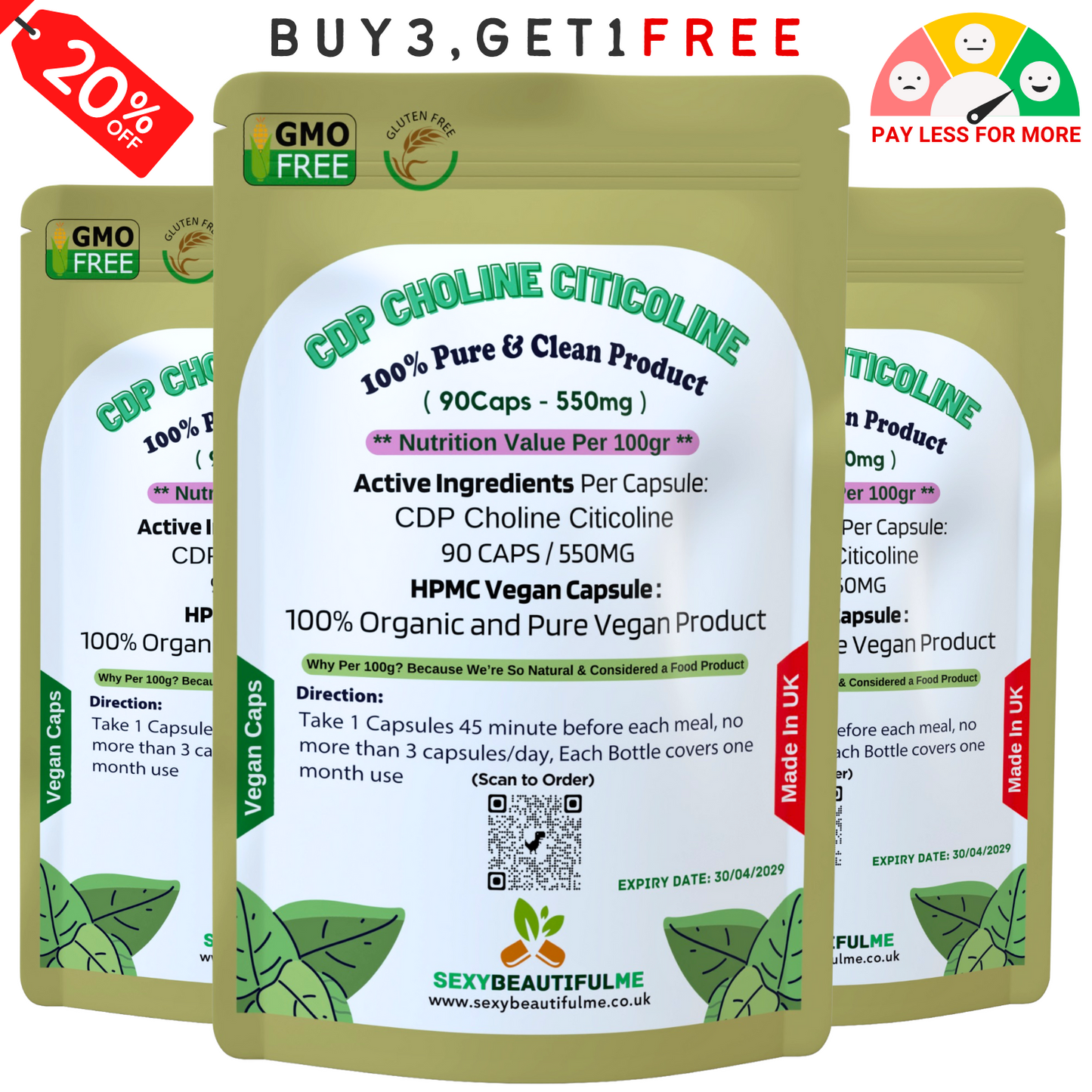 CDP Choline Citicoline 550mg Capsules | Natural Vegan Supplement | High Quality