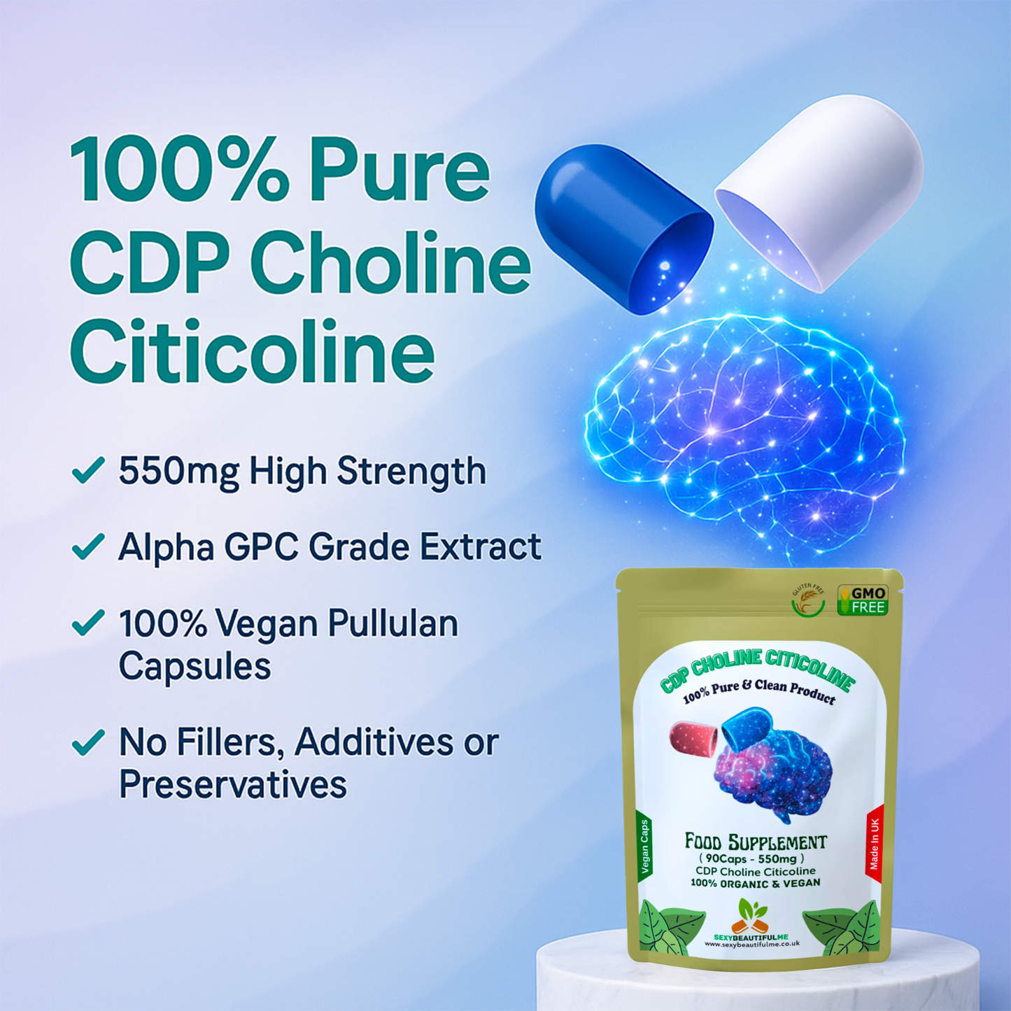 CDP Choline Citicoline 550mg Capsules | Natural Vegan Supplement | High Quality