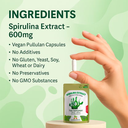 Spirulina Extract Capsules 600mg–Immune System & Detox Support–100%Natural Vegan