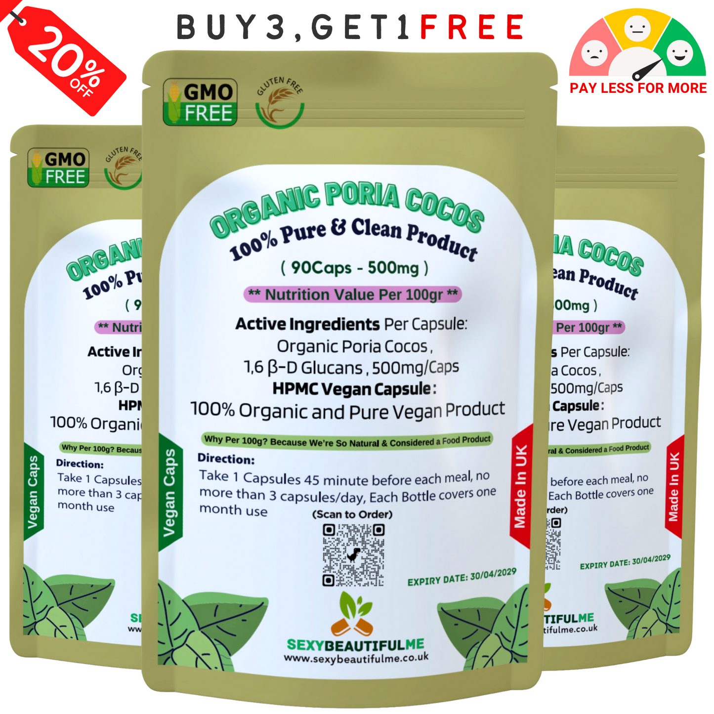 Organic Poria Cocos Mushroom 500 mg Capsules–Fatigue, Tension & Memory Support