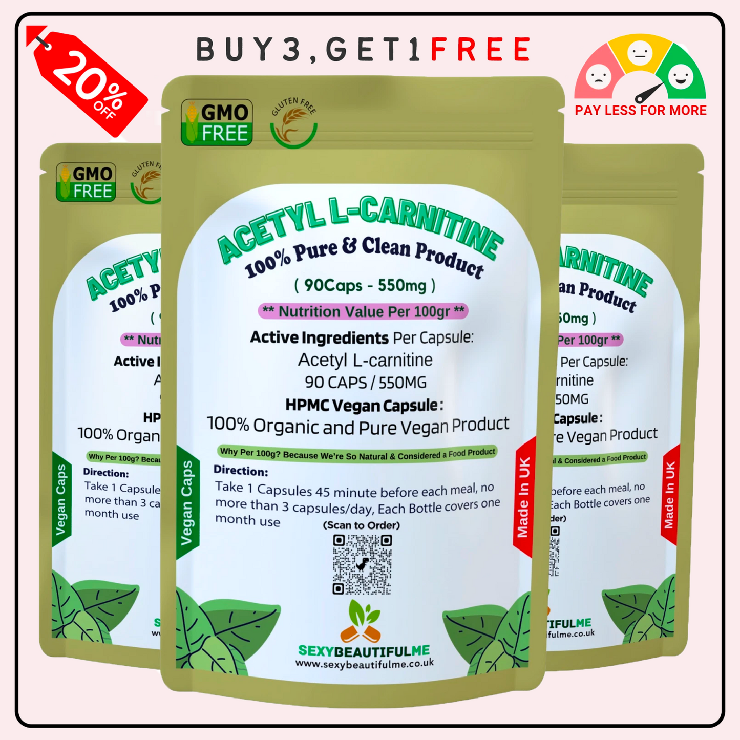 Acetyl L-Carnitine 550mg Capsules | 100% Pure ALC | Energy, Focus&Weight Support
