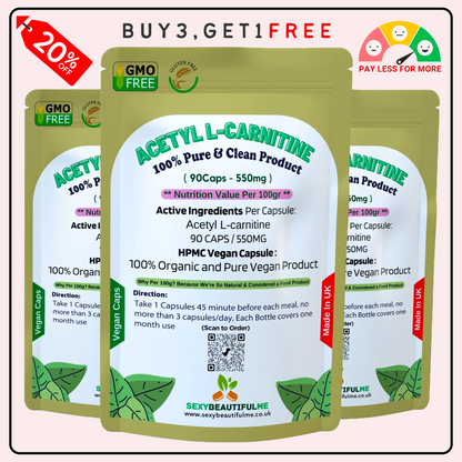 Acetyl L-Carnitine 550mg Capsules | 100% Pure ALC | Energy, Focus&Weight Support