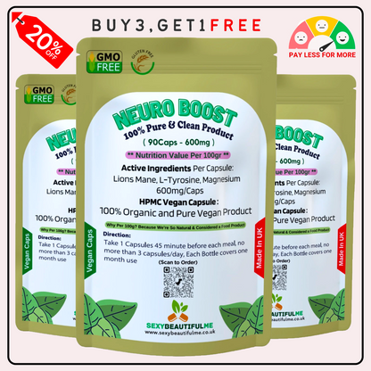 Neuro Boost Capsules 500mg–Lions Mane, L-Tyrosine &Magnesium– Cognitive & Brian