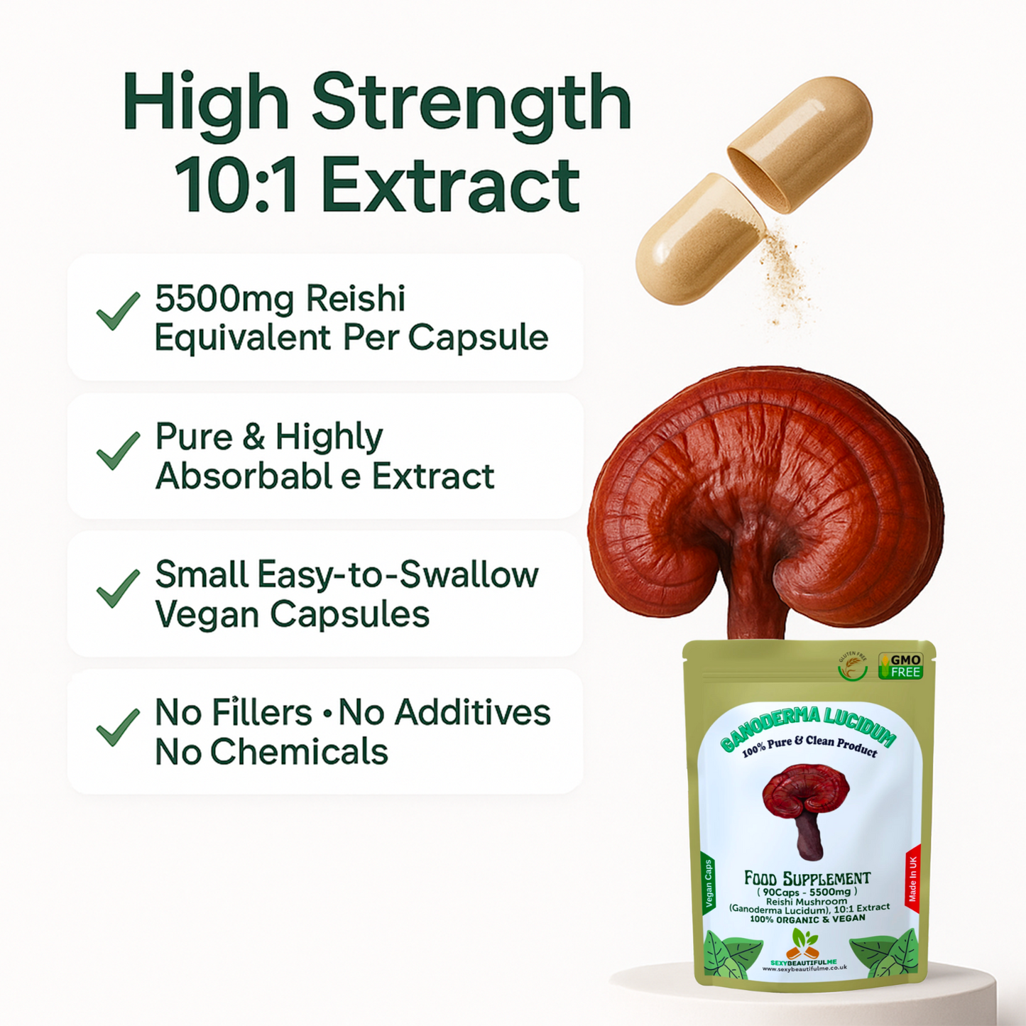 Reishi Mushroom 5500mg Capsules (Ganoderma Lucidum) – Strong & Effective – Vegan