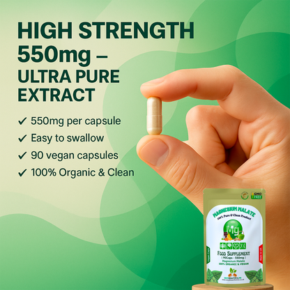 Magnesium Malate Capsules 550mg–High Absorption Vegan Magnesium-Energy & Muscle