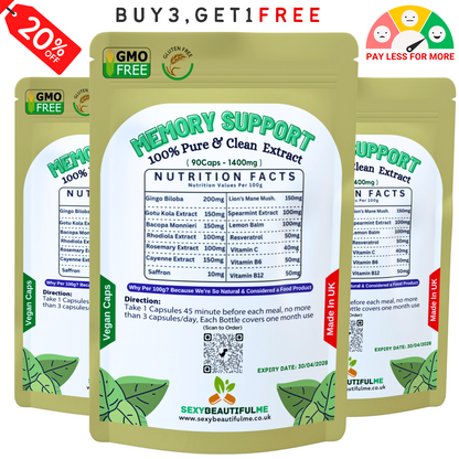 Memory Support Caps 1400mg– Memory, Concentration & Brain Function Support-Vegan