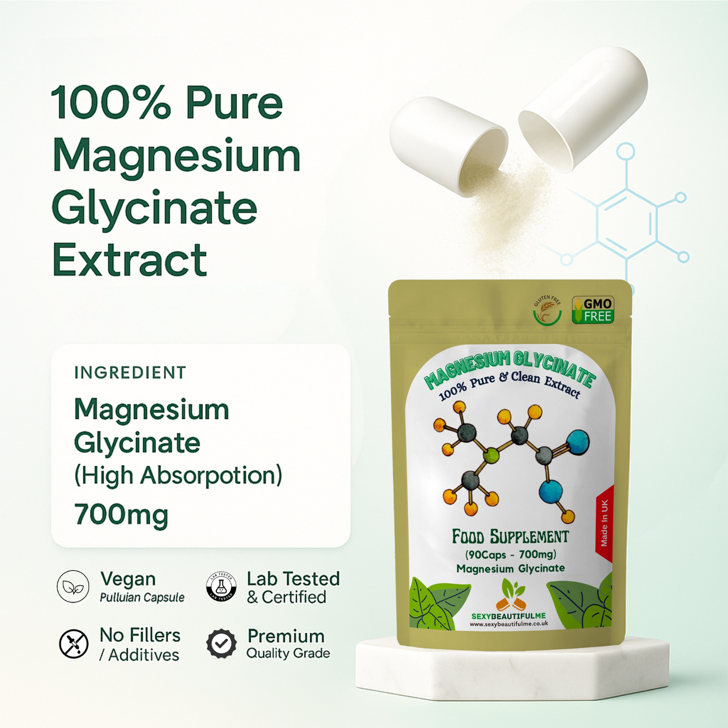Magnesium Glycinate 700mg – 100% Vegan Capsules for Bone Health & Sleep Support