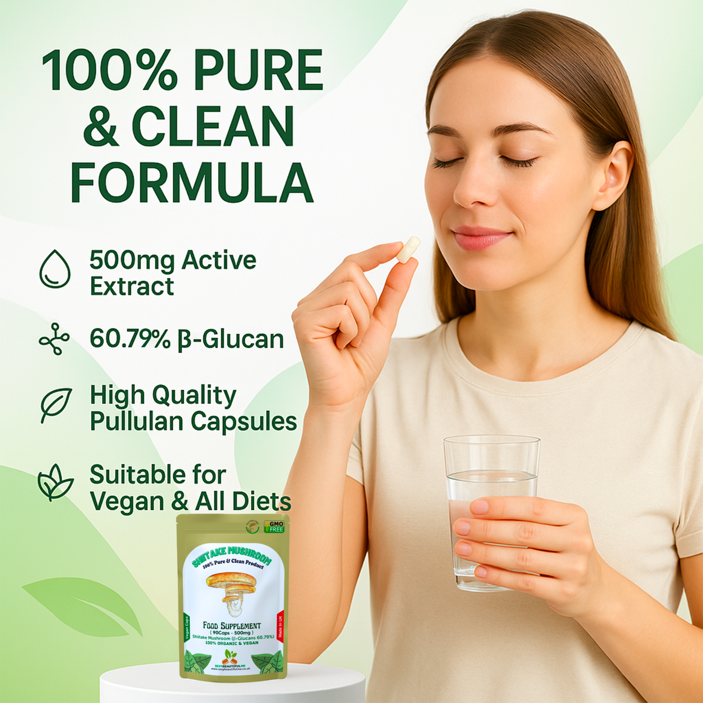 Shiitake Mushroom Extract Capsules 500mg (60.7%β-Glucan)–Strong &Effective–Vegan