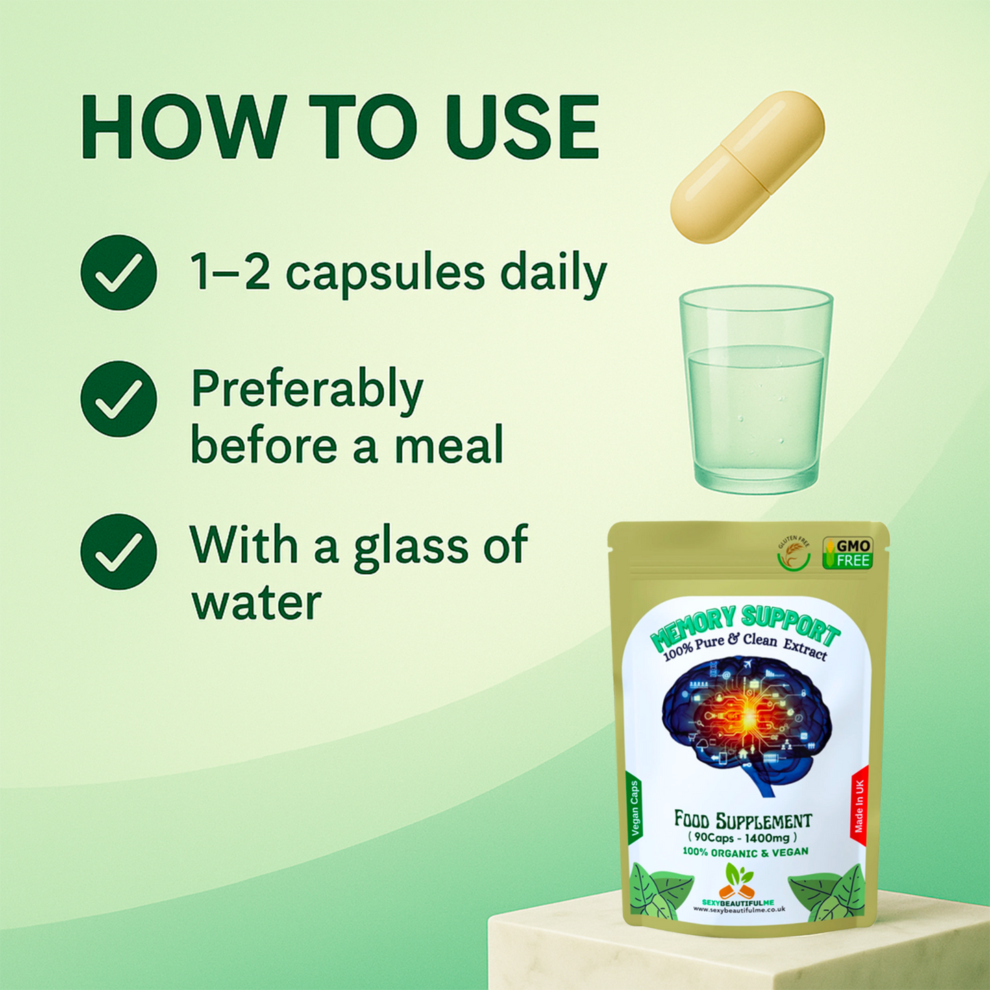 Memory Support Caps 1400mg– Memory, Concentration & Brain Function Support-Vegan