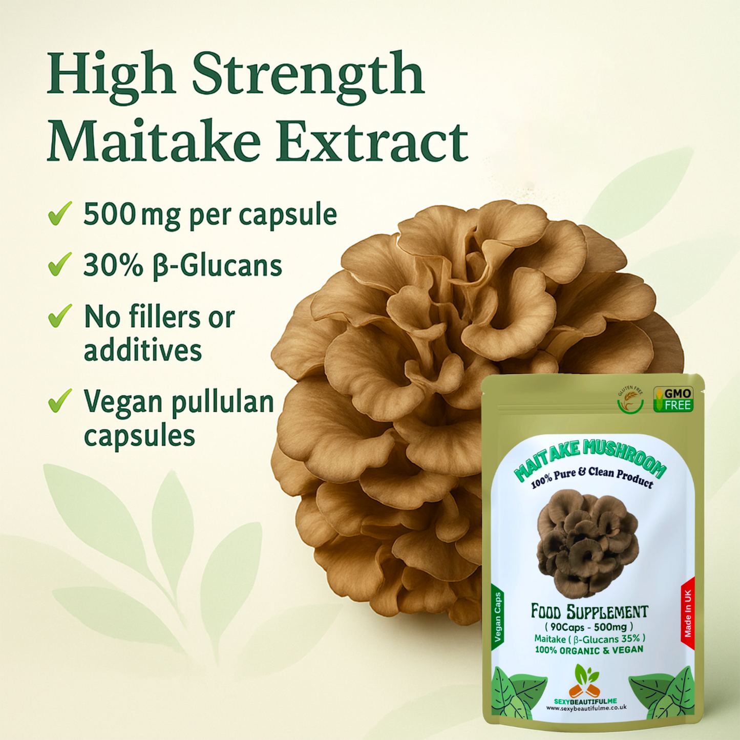 MAITAKE MUSHROOM 500mg Capsules (30% β-Glucan) Vegan & Effective, Strong Product