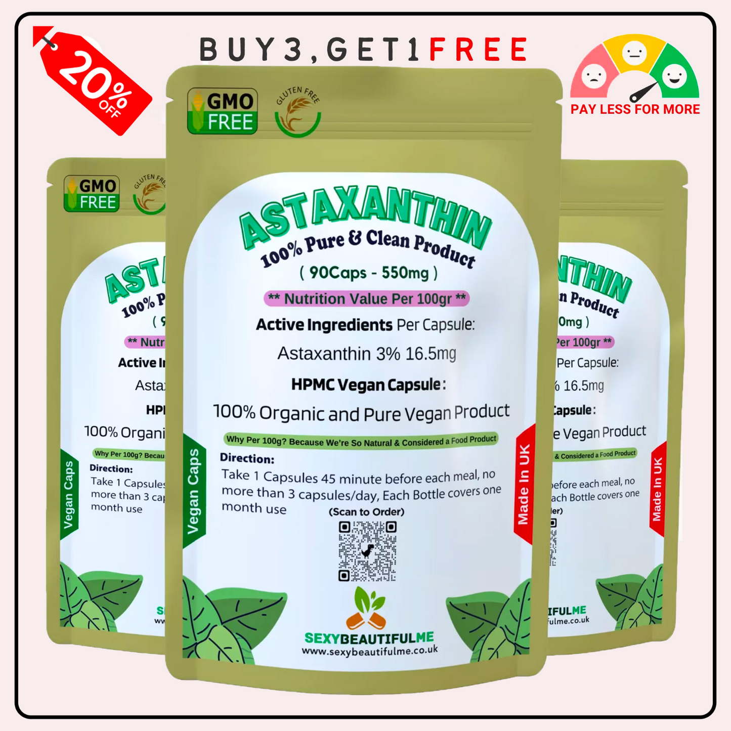 Astaxanthin 550mg , 3%, 16.5mg Clean Astaxanthin Veg Capsules 100% Natural Algae