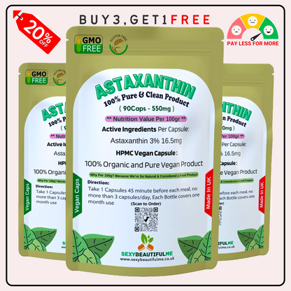 Astaxanthin 550mg , 3%, 16.5mg Clean Astaxanthin Veg Capsules 100% Natural Algae
