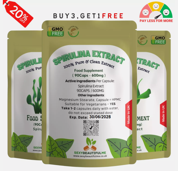 Spirulina Extract Capsules 600mg–Immune System & Detox Support–100%Natural Vegan