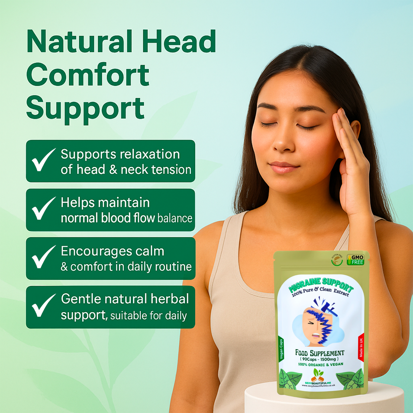 Natural Migraine Relief 1500mg Capsules–Organic, natural & 100% Vegan – migraine