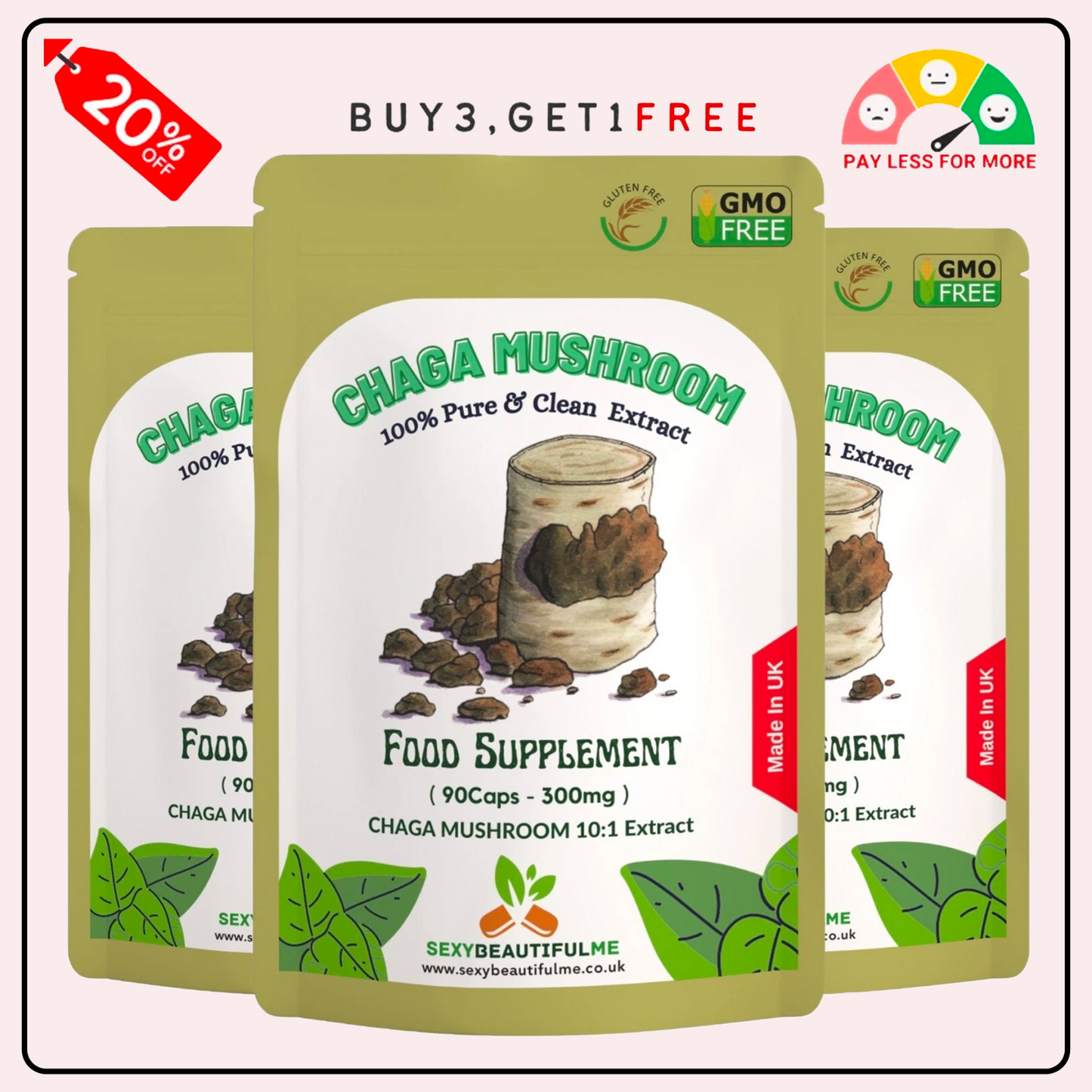 Chaga Mushroom Extract Capsules 3000 mg – 200 mg Polysaccharides – Strong Vegan