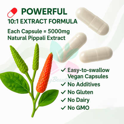 Pippali Capsules (Long Pepper) 5000mg–Heartburn & Indigestion Relief–100% Vegan