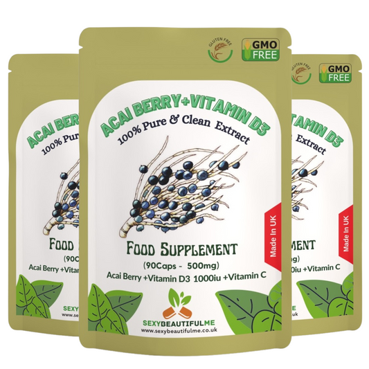 Vitamin D3 1000IU & C, Acai Berry Extract, Vegan Capsules, Immune Support-Pure