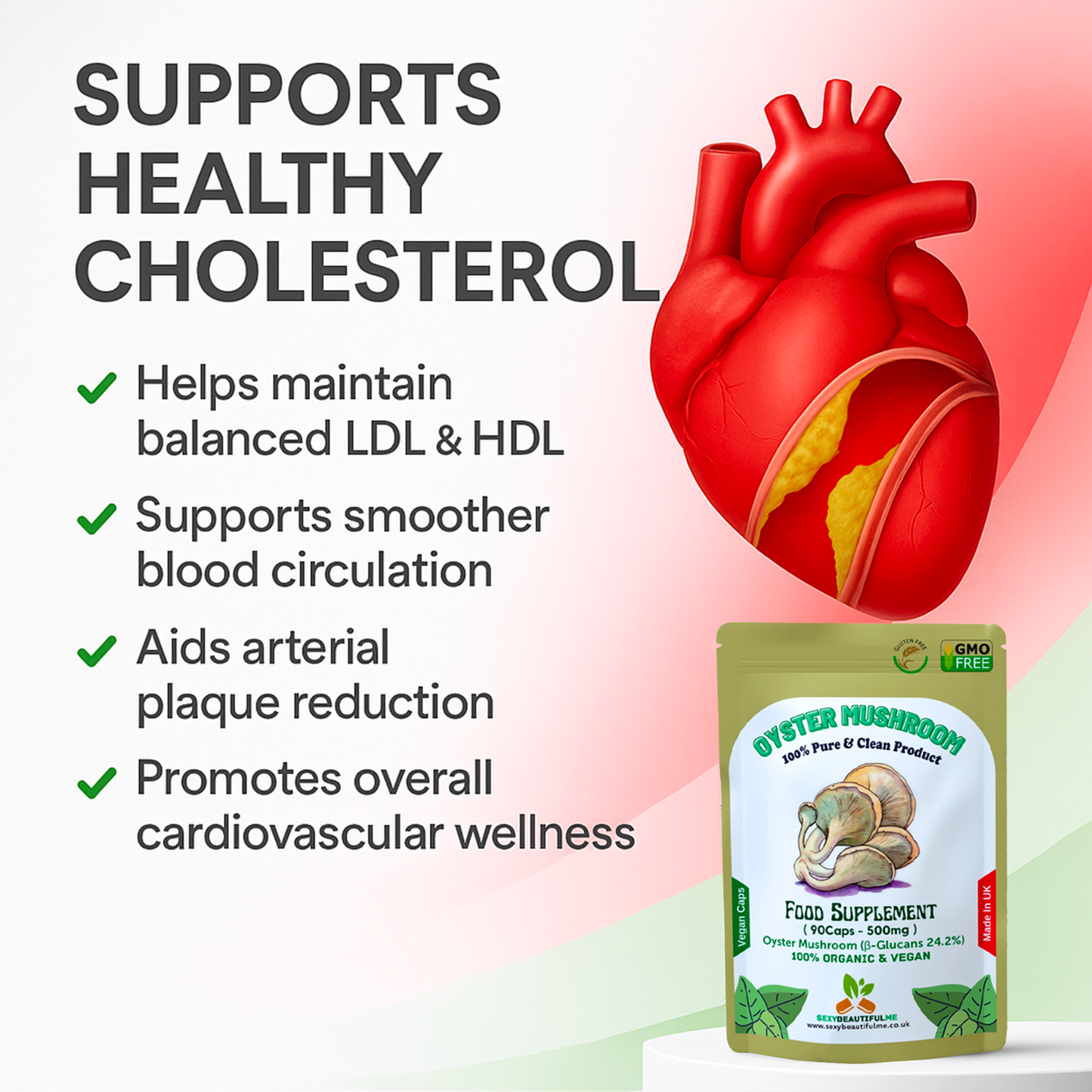 Oyster Mushroom Capsules 500mg–24.2% β-Glucans–Vegan Heart & Cholesterol Support