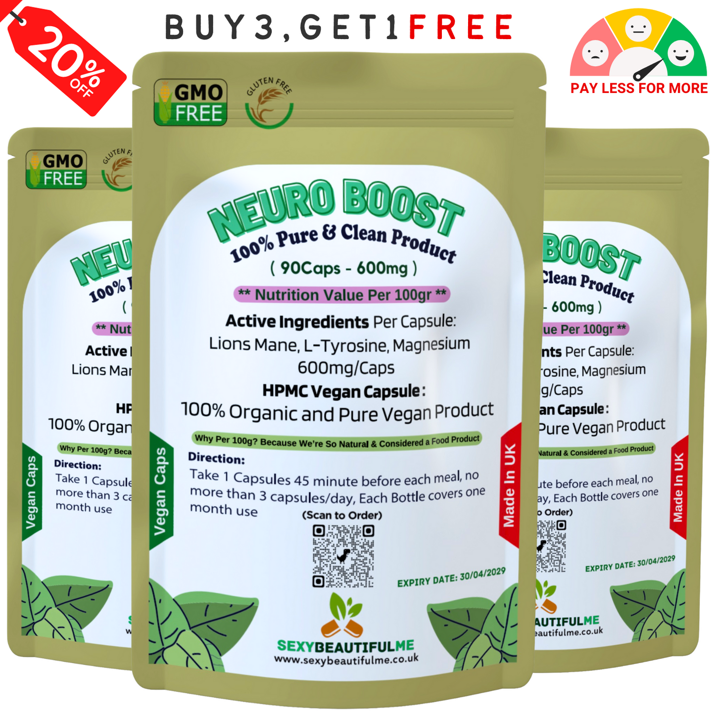 Neuro Boost Capsules 500mg–Lions Mane, L-Tyrosine &Magnesium– Cognitive & Brian