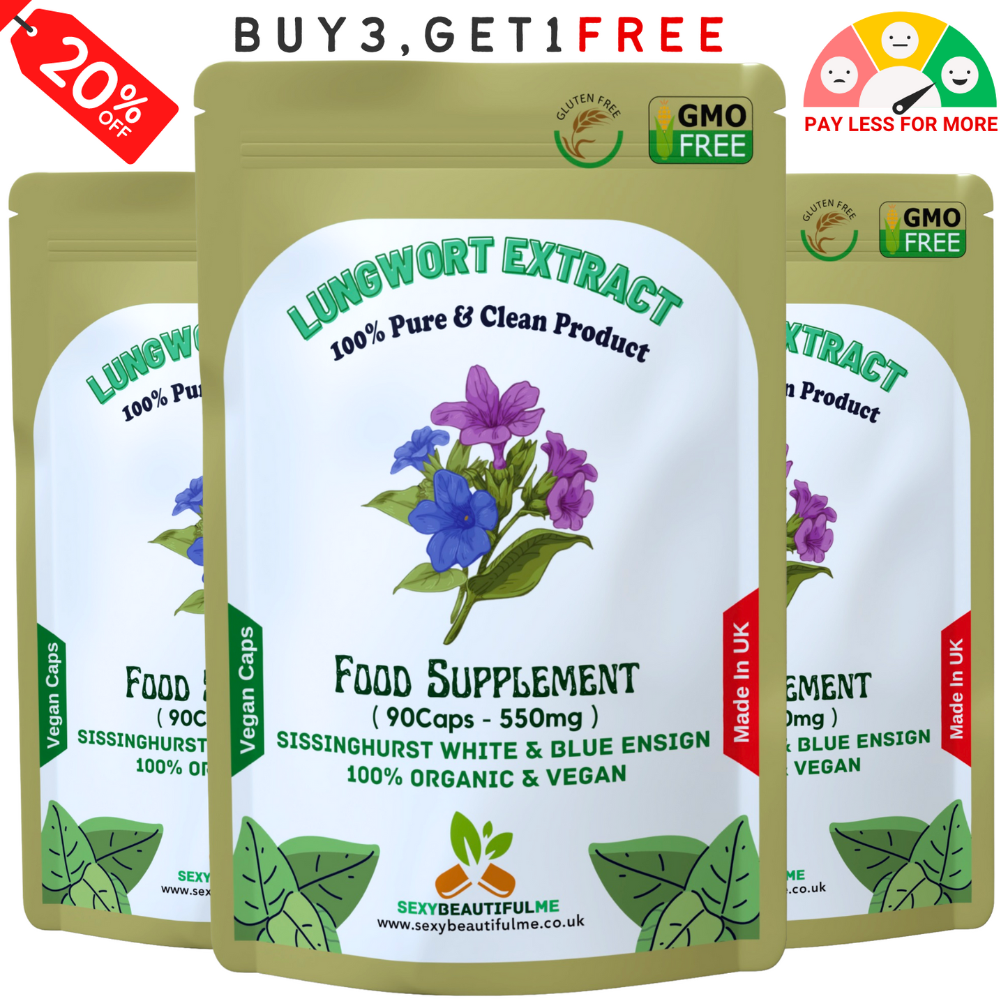 Lungwort Extract Capsules 550mg–Natural Lungwort Powder–Vegan & Strong Product