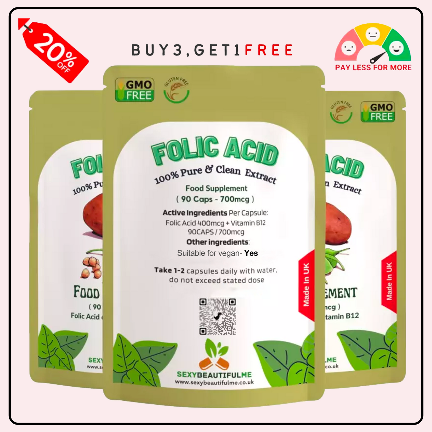 Folic Acid 700mcg + Vitamin B12 Capsules | Reduce Tiredness & Fatigue | Vegan
