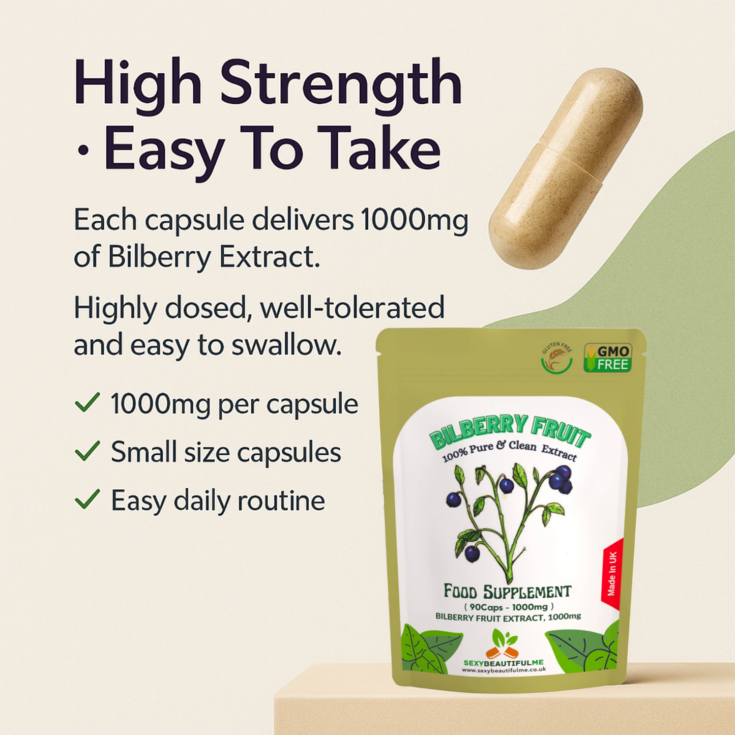 Bilberry Extract Capsules, 1000mg-Vegan Capsule- 100% Natural & Strong